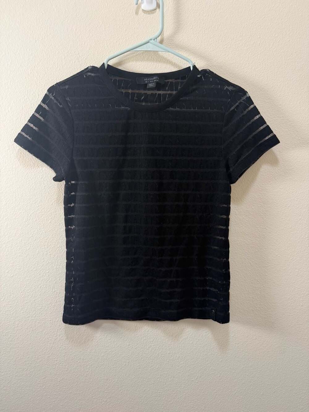 AllSaints Black Sheer Striped Logo Short Sleeve T-Shirt Top Size US 2
